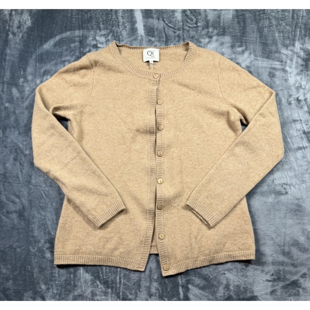 Qi Cashmere Women M 100% Cashmere Cardigan Camel Tan Button Front Quiet Luxury